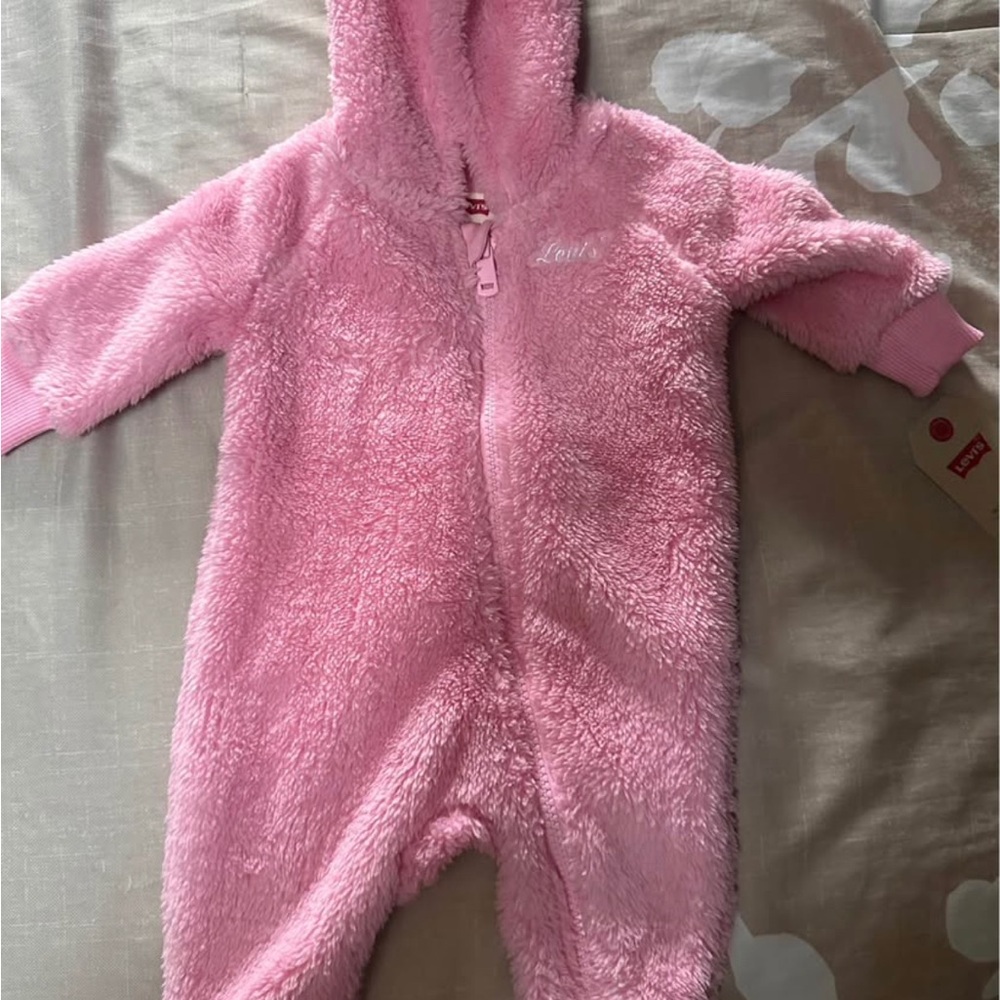 Levi's Plush Pink Hooded Baby One-Piece Footie NWT